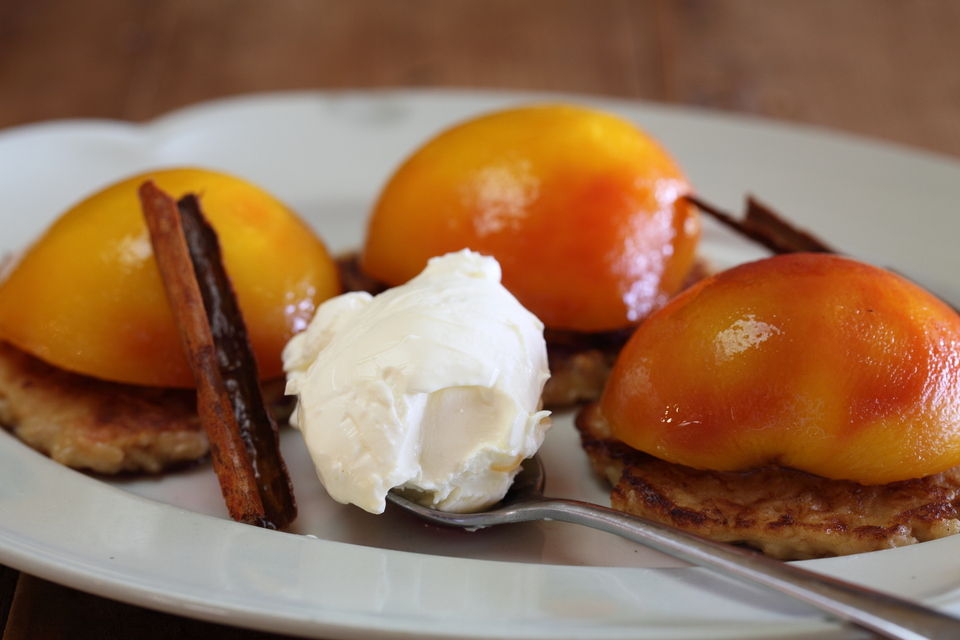 Poached Peaches with Oat Buttermilk Pancakes