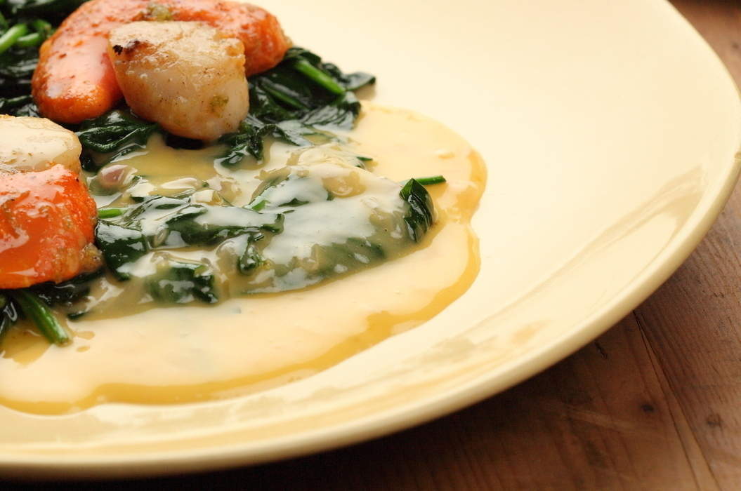 Scallops on Spinach with Verjuice Butter Sauce Maggie Beer